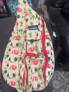 Kavu Beige Canvas Sling Bag with Pink Camper Print